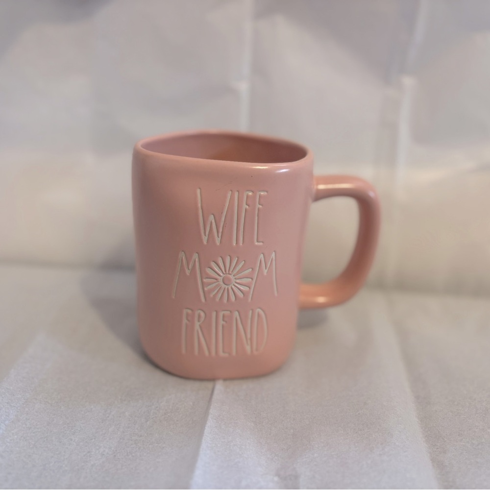 Rae Dunn Pink Mug - “Wife,Mom,Friend” text- EUC